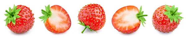 Erdbeerschneidepfad Sammlung Erdbeerfrüchte Mit Grünem Blatt Und Scheibe Isoliert Auf — Stockfoto