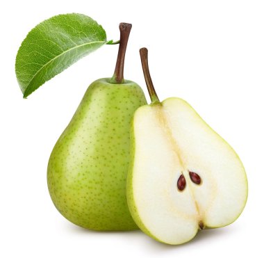 Beyaz arka planda armut yapraklı armut meyvesi. Armut kırpma yolu. Profesyonel stüdyo makro çekimi