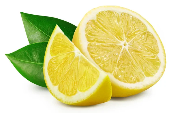 多汁的柠檬在白色的背景上被隔离了 新鲜的柠檬和叶子收割小径柠檬 柠檬宏工作室照片 — 图库照片