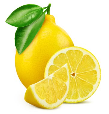 Yapraklı taze limon. Lemon beyaz arka planda izole edilmiş. Limon kesiyorum. Limonlu makro stüdyo fotoğrafı.