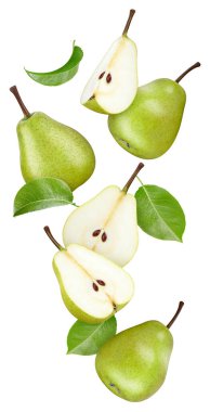 Beyaz arka planda armut yapraklı armut meyvesi. Armut kırpma yolu. Profesyonel stüdyo makro çekimi