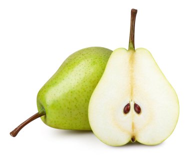 Armut, beyaz arka planda izole edilmiş. Beyaz arka planda armut ve yarım armut. Kırpma yolu ile armut