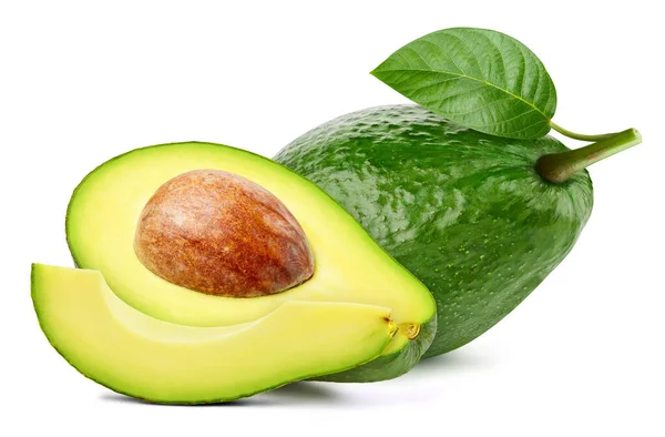 Vereinzelte Avocado Frische Bio Avocado Mit Blättern Isoliert Schneideweg Avocado — Stockfoto