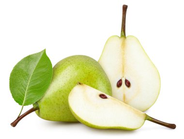 Beyaz arka planda armut yapraklı armut meyvesi. Armut kırpma yolu. Profesyonel stüdyo makro çekimi