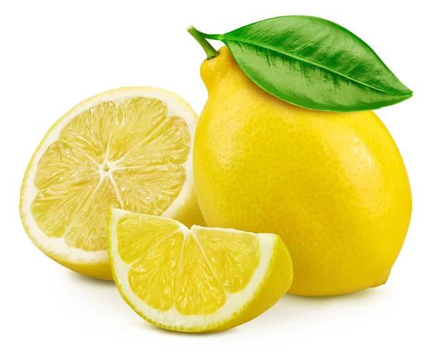 Лимонные Фрукты Изоляцией Листьев Целый Лимон Половина Ломтик Листья Белом — стоковое фото