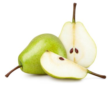 Armut Kırpma Yolu. Olgun armut meyvesi ve kesme yolu ile beyaz arka planda yarı izole. Armut meyveli makro stüdyo fotoğrafı.