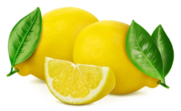 Limões Suculentos Isolados Fundo Branco Limões Frescos Folhas Cortar Limões — Fotografia de Stock