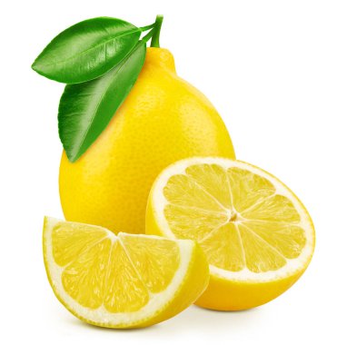 Beyaz arka planda izole edilmiş limon ve yapraklar.