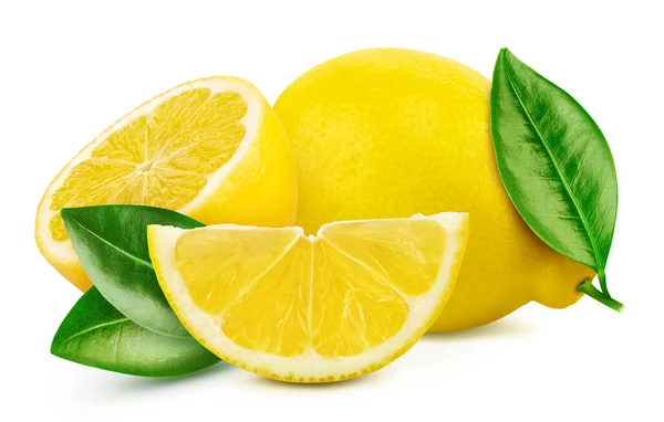 正義のレモンは白い背景に隔離されている 新鮮なレモンと葉 パスレモンをクリッピングします レモンマクロスタジオ写真 — ストック写真