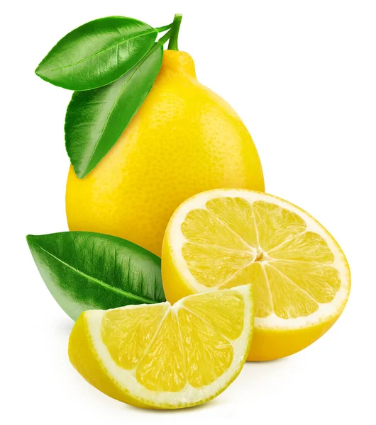 正義のレモンは白い背景に隔離されている 新鮮なレモンの葉 パスレモンをクリッピングします レモンマクロスタジオ写真 — ストック写真