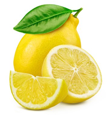Beyaz arka planda izole edilmiş limonlu kompozisyon. Yaprak izole edilmiş limon meyvesi. Limon kırpma yolu.