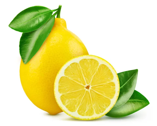 正義のレモンは白い背景に隔離されている 新鮮なレモンと葉 パスレモンをクリッピングします レモンマクロスタジオ写真 — ストック写真
