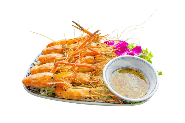 Large River Prawns Plate Vegetables Seafood Sauce White Background Isolated — Stock Photo, Image