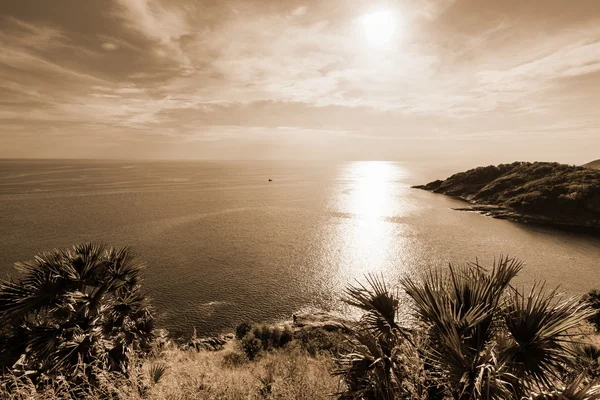 High angle view island and sea at Laem Phromthep on sepia color tone — 图库照片