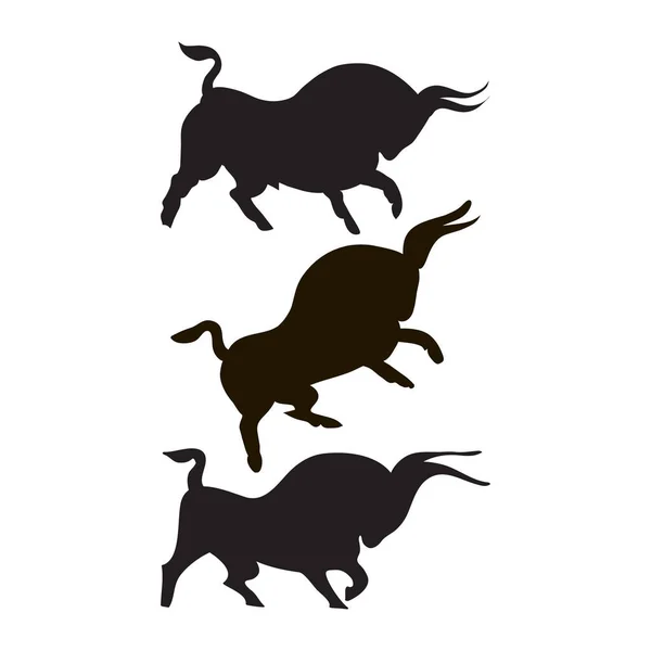 Three Black Bulls Dynamic Wild Bulls Silhouettes Angry Animals Group — Stock Vector