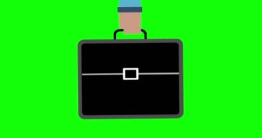 İş adamının el çantası. İçinde belgeler ve sözleşmeler olan siyah bir çanta. Seyahat çantası el ele sallanıyor. Diplomat el çantası sembolü. İş ilanı. Yeşil arka plan. Hareket animasyonu. 4k video