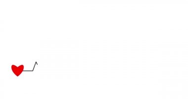 Kalp atışı kardiyogramı. Kardiyogramın başında ve sonunda kırmızı kalpler. Kardiyolojide elektrofizyolojik teşhis. Sürekli tek çizgi çizimi. Grafik video. Hareket Canlandırması