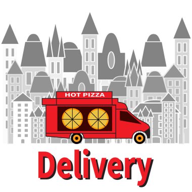 Kırmızı pizza kamyonu. Şehir panorama geçmişi. Vagon teslimat servisi. Dükkan penceresinin üstünde güneşlik var. Reklam, festival, menü, yemek broşürü, sokak yemeği, pizza dağıtımı için vektör daire tasarımı.