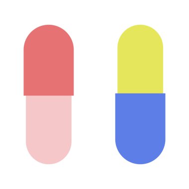 Two colored medicinal capsules. Medicines or dietary supplements for treatment. Healing drugs. Disease control. Pills icons in trendy flat style. Pharmaceutical medicine, healthcare and medicaments.