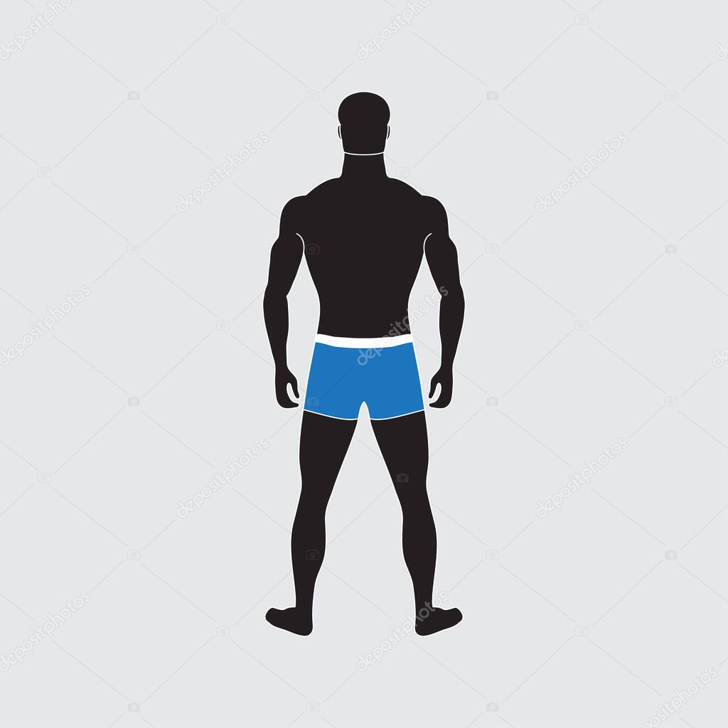 Man silhouette with slim figure. An impersonal character in swimming trunks. Male person of normal weight. Healthy lifestyle. Back view. Adult character with moderate fat level. Isolated flat vector