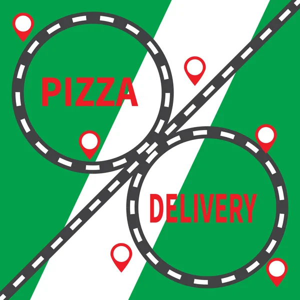 Inscriptie Pizza Delivery Pizza Bezorgservice Aan Klant Wegkruising Rode Vlekken — Stockvector