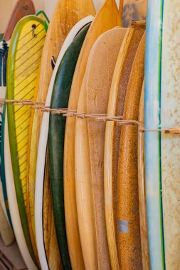 Yerel bir sörf dükkanında sıralanmış antika sörf tahtaları.