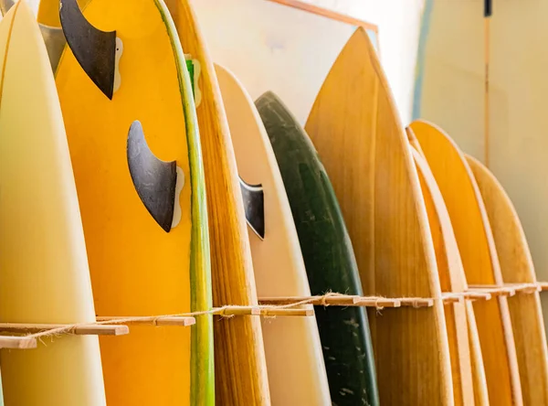 Row Retro Vintage Surfboards Lined Local Surf Shop — Stock Photo, Image