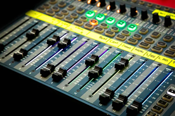 Close Sliders Buttons Audio Mixing Desk Live Event — Stock Photo, Image