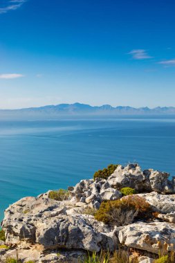 Cape Town Güney Afrika 'daki Fynbos Flora ile sahil dağ manzarası