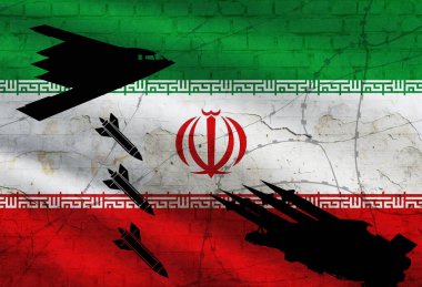 Bayrak ve siluet kullanılarak İsrail ve İran arasındaki savaşın kavramsal görüntüsü