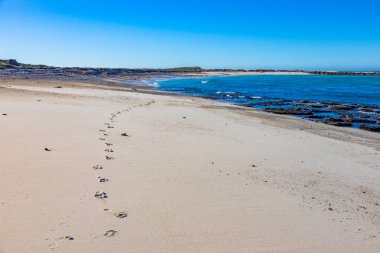 Gök mavisi gökyüzü, kum, kayalar ve hafif dalgalarla sakin kıyı şeridi, Güney Afrika