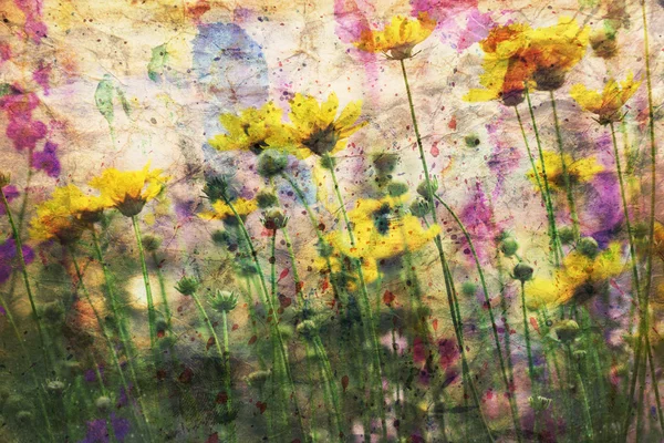 Artwork with coreopsis flowers and watercolor splashes — Stock Photo, Image