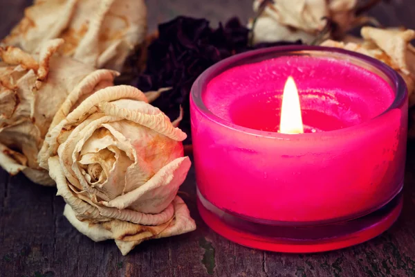 Pink aroma candle and dried white roses — Stock Photo, Image