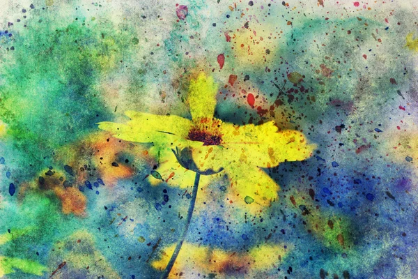 Obra de arte com flor amarela bonito e respingos de aquarela — Fotografia de Stock