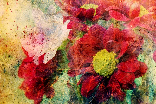 Artwork with red flowers and watercolor splashes — Stock Photo, Image