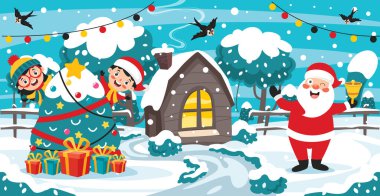 Çizgi film karakterleriyle Noel tebrik kartı tasarımı