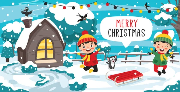 Design Cartão Saudação Natal Com Personagens Desenhos Animados — Vetor de Stock