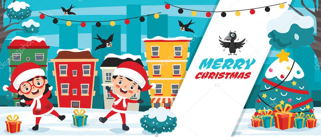 Christmas Greeting Card Design With Cartoon Characters