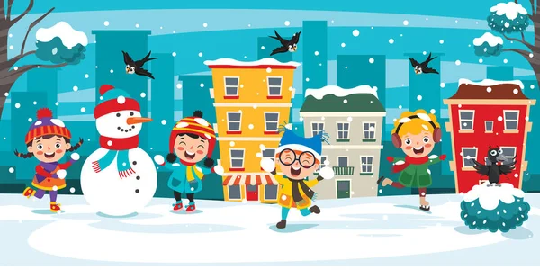 Funny Kids Playing Winter — Stock Vector