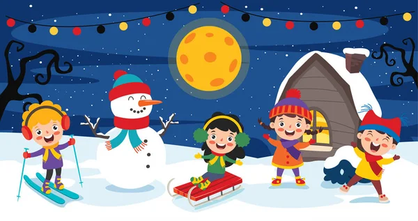 Funny Kids Playing Winter — Stock Vector