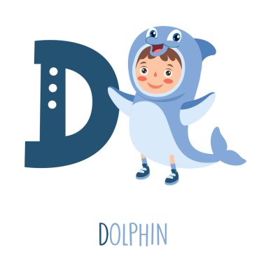 Hayvan kostümünde alfabe harflerini gösteren karakter.