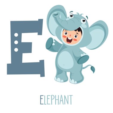 Hayvan kostümünde alfabe harflerini gösteren karakter.