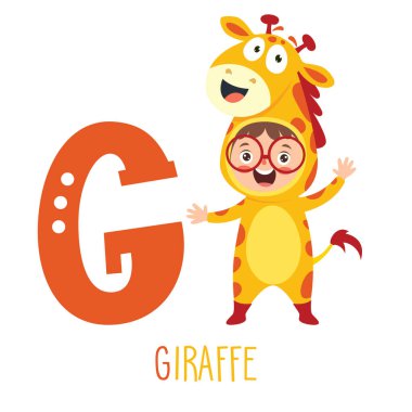 Hayvan kostümünde alfabe harflerini gösteren karakter.