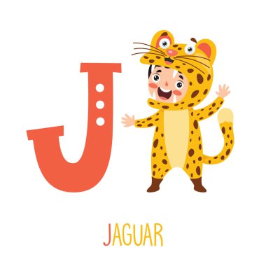 Hayvan kostümünde alfabe harflerini gösteren karakter.