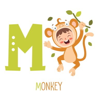 Hayvan kostümünde alfabe harflerini gösteren karakter.