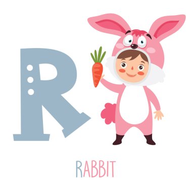 Hayvan kostümünde alfabe harflerini gösteren karakter.