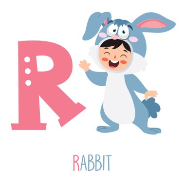 Hayvan kostümünde alfabe harflerini gösteren karakter.