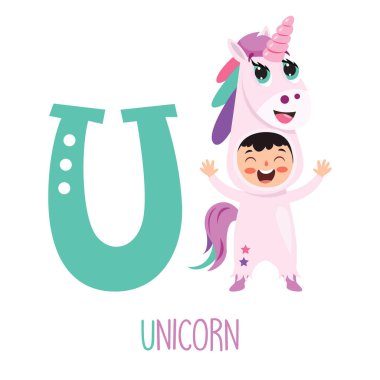 Hayvan kostümünde alfabe harflerini gösteren karakter.