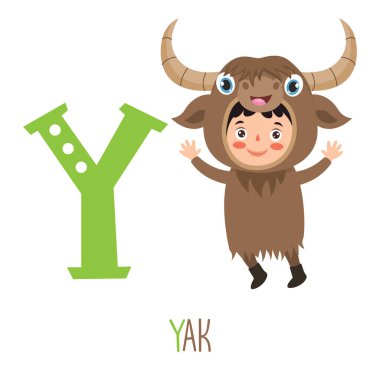 Hayvan kostümünde alfabe harflerini gösteren karakter.