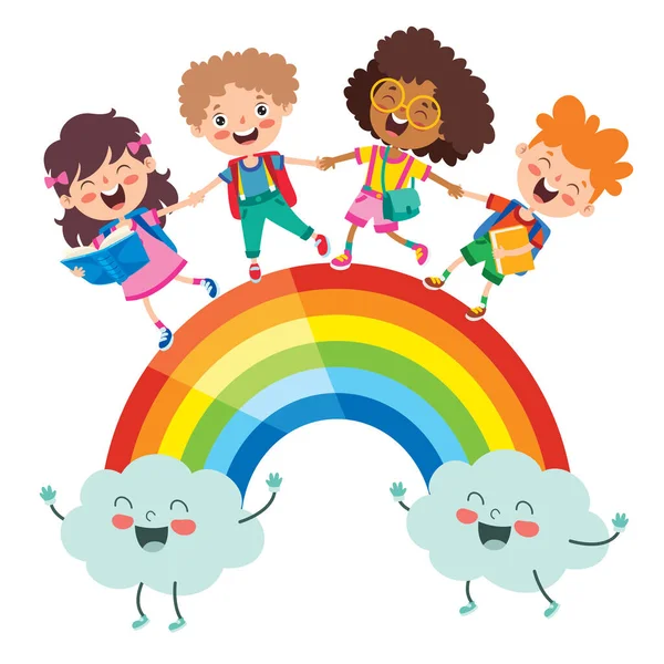 Multi Etnische Kinderen Spelen Regenboog — Stockvector